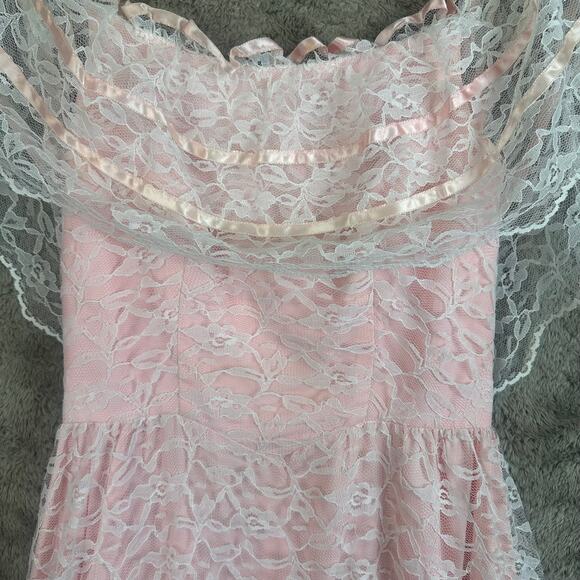 Vintage 80s Pale Pink Lace Off Shoulder Full Skirt Prom Dress Prairie Cottage - Picture 7 of 14